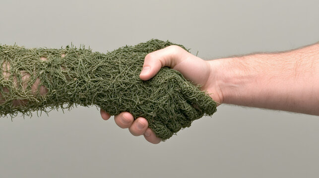 A symbolic handshake where one hand is covered in green vines, representing sustainable partnerships in business leadership