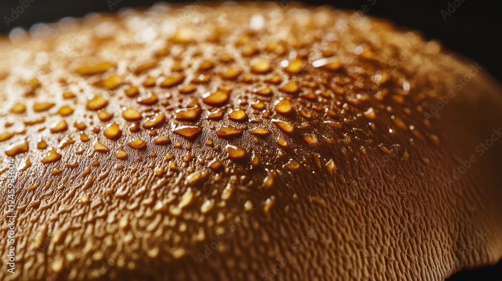 Poster close up of a mushroom showcasing intricate textures and natural colors adorned with water droplets 