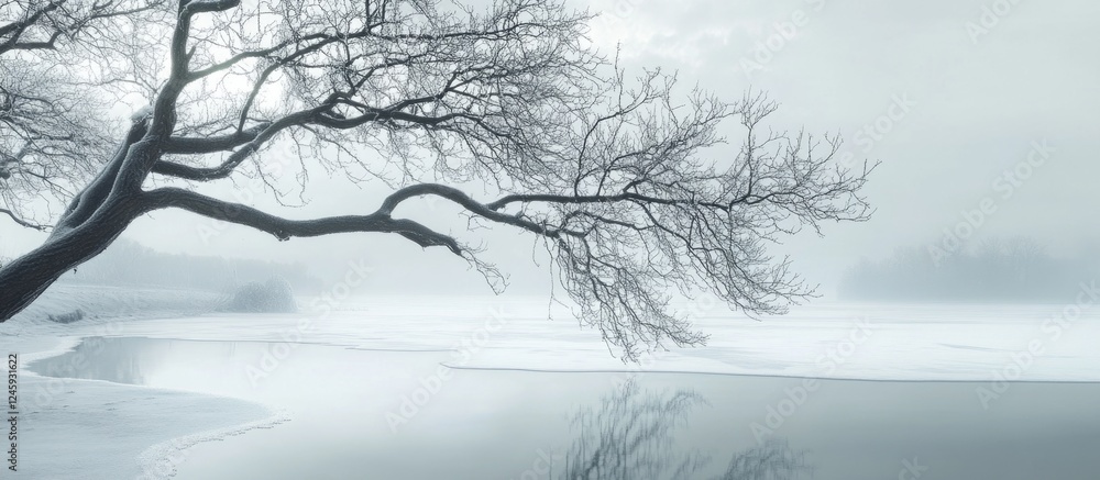 Poster winter tree branches by a frozen lake creating a serene, misty landscape in a tranquil winter settin