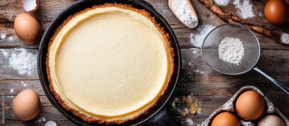 Poster cheesecake preparation with eggs and flour in a rustic kitchen setting using natural light for an in