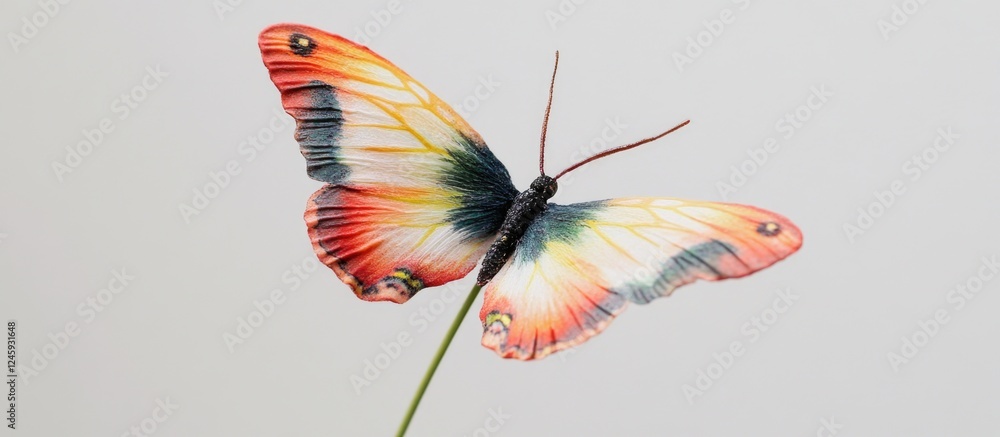 Poster colorful butterfly perched on flower displaying vibrant wings and intricate patterns against a soft 