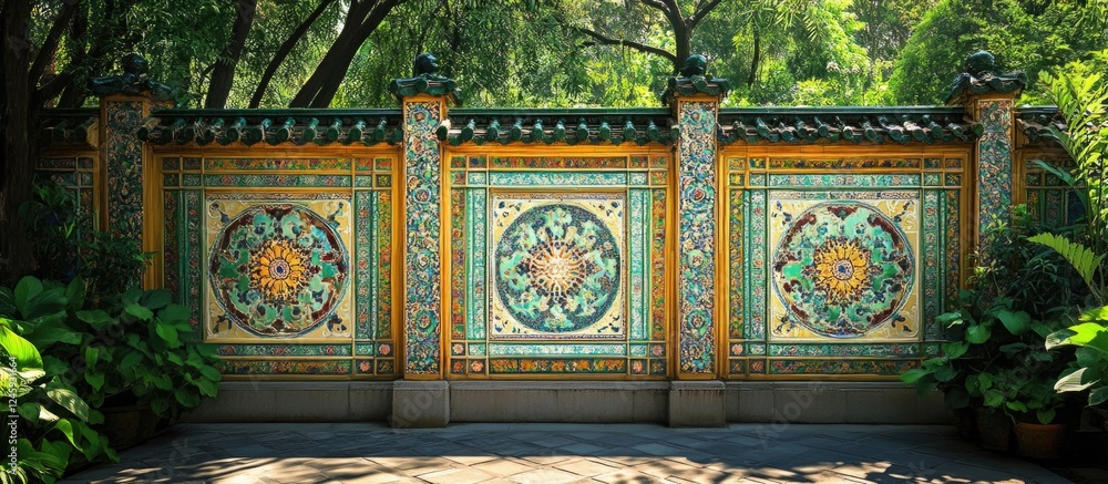 Poster chinese tile wall with intricate patterns and vibrant colors set in a lush garden creating a serene 