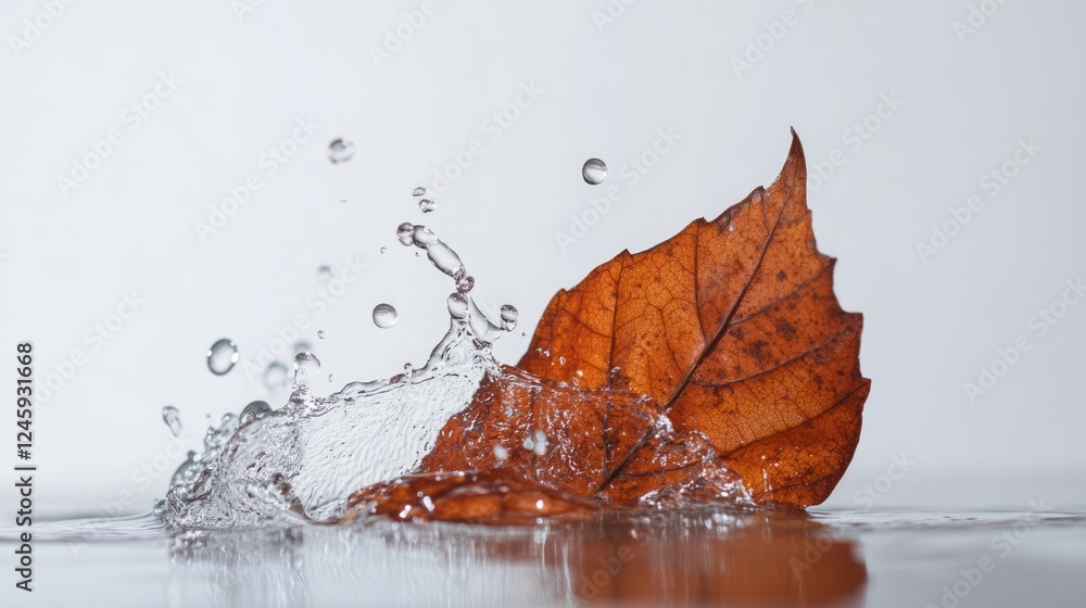 Poster leaf making a splash in clear water with dynamic droplets and negative space for text or creative de