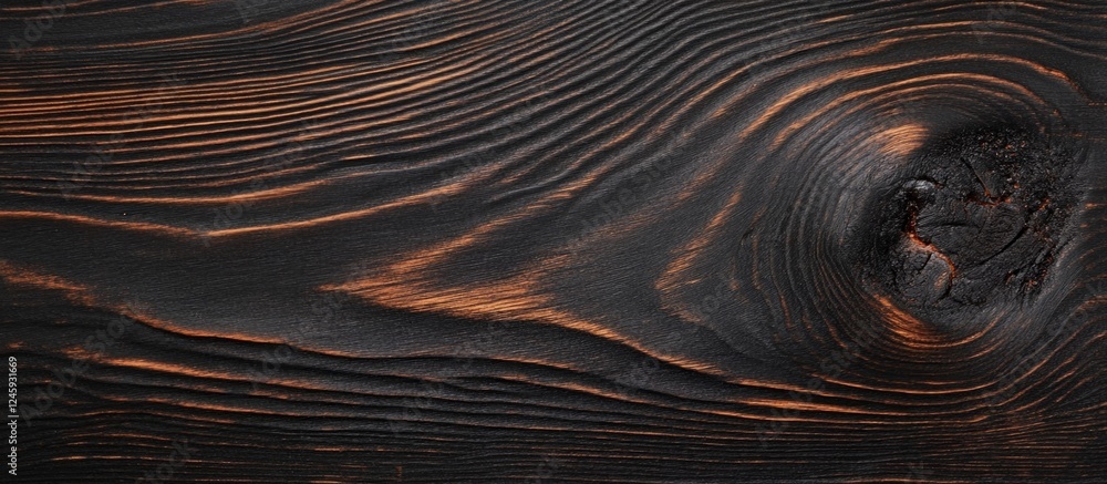 Poster Blackened wood texture with intricate grain patterns and highlights suitable for backgrounds or design elements.
