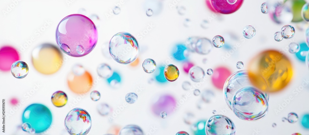 Poster Colorful bubbles floating against a bright white background creating a whimsical and refreshing atmosphere for design projects.