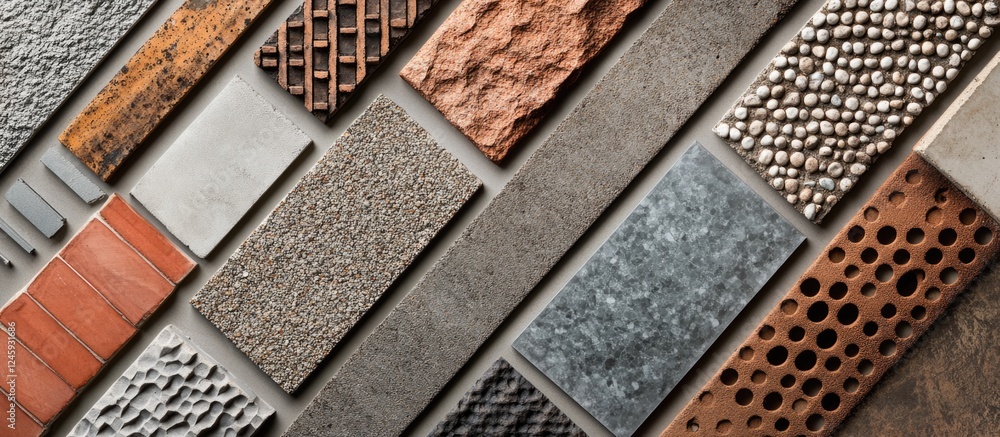 Poster Diverse collection of building materials showcasing various textures and patterns for architectural and design inspiration.