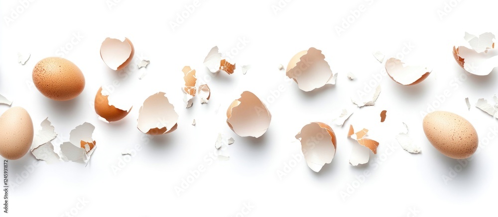 Poster broken chicken egg shells scattered on a white background creating a textured pattern with whole egg