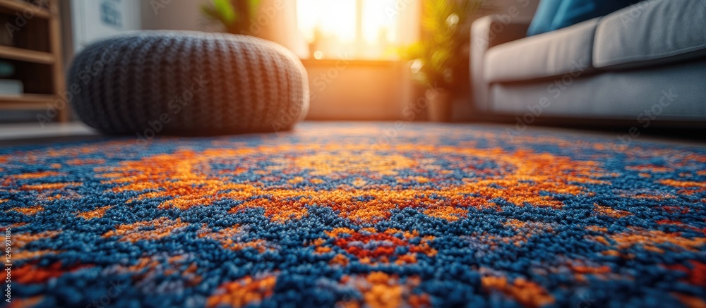 Aufkleber vibrant close-up of a textured carpet with intricate patterns in a sunlit living room setting showca