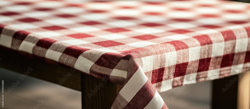 Poster Red and white checked pattern tablecloth draped over a wooden table creating a cozy dining atmosphere