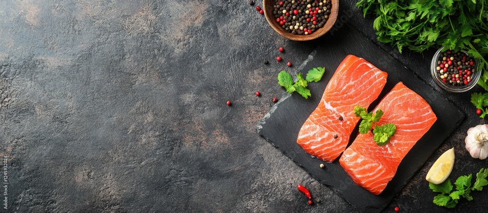 Poster healthy fresh salmon fillets with herbs and spices on dark rustic background for culinary or cooking