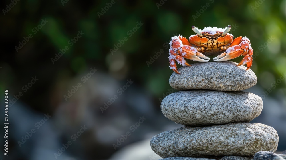 Poster close up of a salt encrusted king crab shell sitting atop a balanced stack of smooth rocks with a bl
