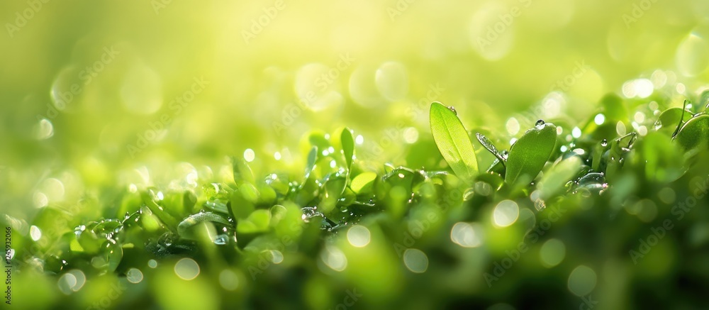 Poster close-up of vibrant duckweed covered in water droplets with a soft-focus retro filter effect creatin