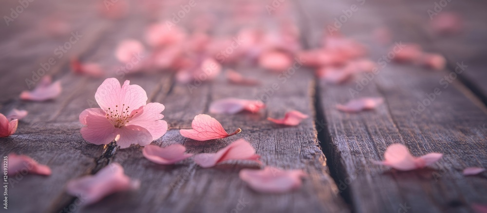 Poster Cherry blossom petals scattered on rustic wooden background with ample copy space for text or designs