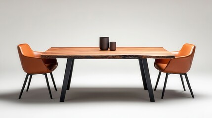 Fototapeta premium Elegant Live Edge Wood Dining Table with Leather Chairs