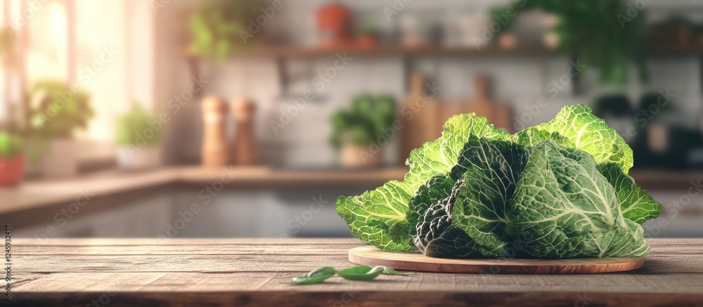 Poster fresh chinese cabbage michilli displayed on a rustic wooden table in a bright kitchen setting with p