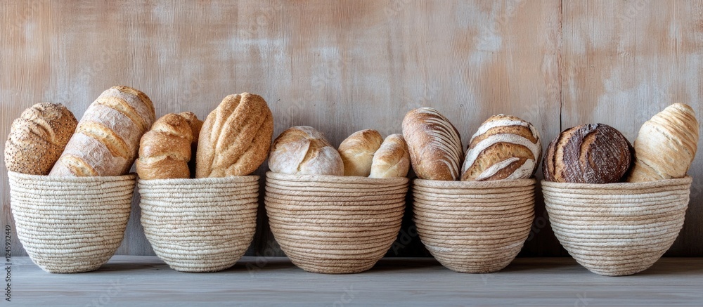 Poster Artisan bread in textured baskets arranged vertically on a rustic wooden surface showcasing an array of fresh baked loaves.