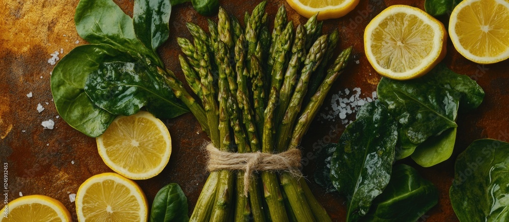Aufkleber fresh organic green asparagus with lemon slices and salad leaves on a rustic background promoting he