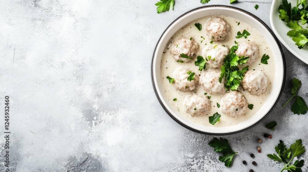 Poster swedish meatballs in creamy sauce on light background with fresh herbs and empty space for custom te