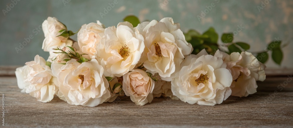 Aufkleber faded white rose bouquet with drooping buds arranged on rustic wood with a soft green background