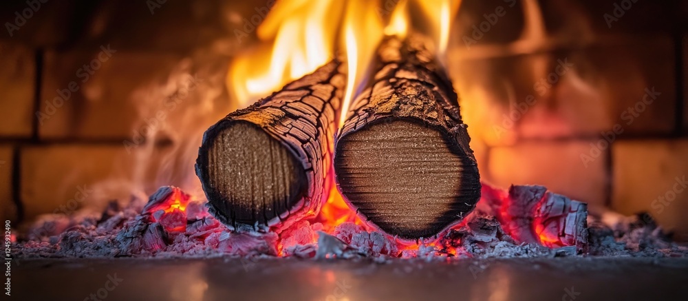 Poster warm glowing fireplace with burning logs and vibrant red coals creating a cozy and inviting atmosphe