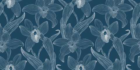 Repeating pattern of stylized, translucent blue flowers with white centers and green leaves on a dark blue background.