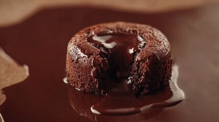 Delicious chocolate lava cake with gooey molten center on a rich chocolate sauce background perfect for gourmet dessert presentations