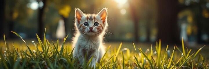 Obraz premium Playful kitten explores a grassy field during golden hour, capturing joy in nature