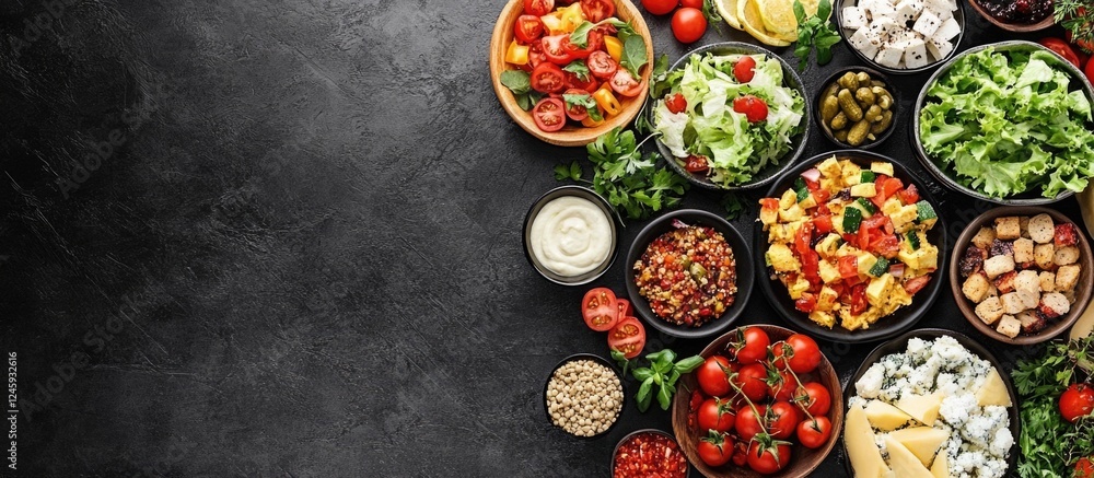 Poster Buffet layout showcasing a variety of salads and snacks with ample empty space for text ideal for event promotions and advertisements
