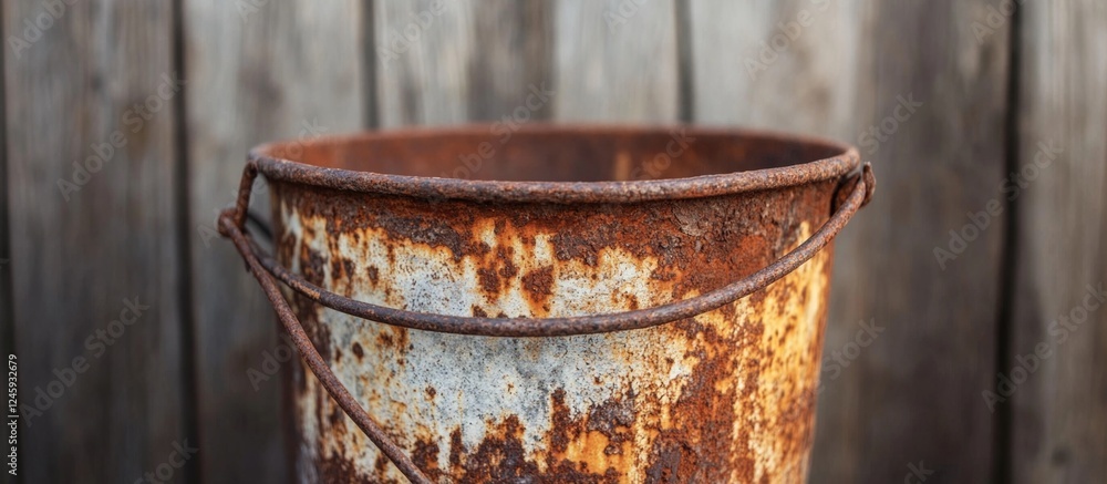 Aufkleber close up of a weathered rusty bucket showcasing textures and colors against a rustic wooden backgrou