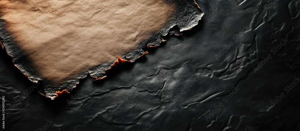 Poster burned vintage paper on textured black leather background symbolizing retro style and creative conce