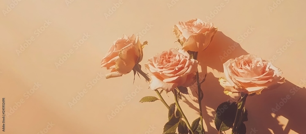 Poster bouquet of softly wilted blush roses on a peach background with ample copyspace for text and promoti