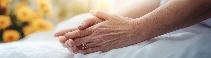 Fototapeta premium Tender Moment of a Sick Child Comforted by Mother in Hospital Bed with Caregiver Hands Supporting Recovery and Health