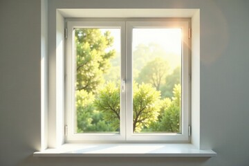 Clean white plastic window frame, bright light, blank, daylight, room