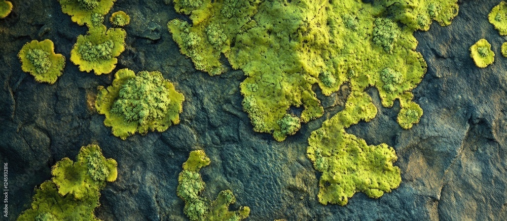 Poster close up of a weathered stone wall showcasing organic patterns formed by lichen growth and natural p