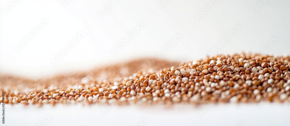 Poster Buckwheat grains on a white background showcasing their texture and color in a close-up view for culinary or health-related content