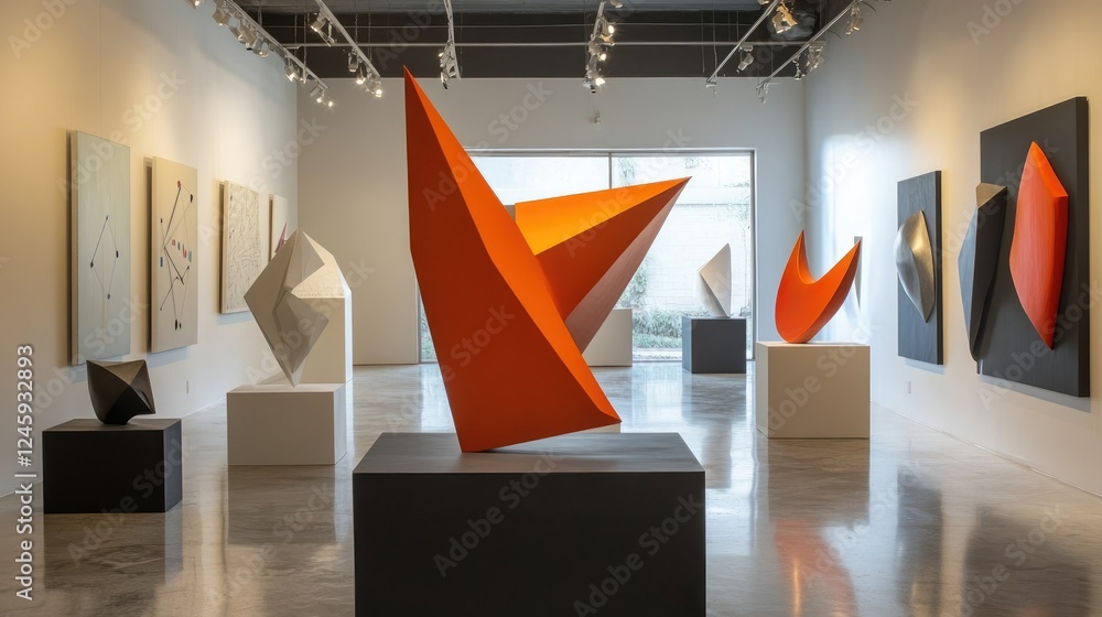 Poster geometric sculptures displayed in a contemporary art gallery, featuring clean lines, sharp angles, a