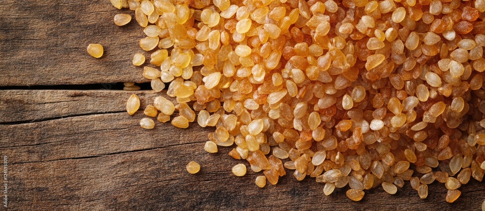 Poster bulgur seeds scattered on rustic wooden surface showcasing texture and natural color variations in a