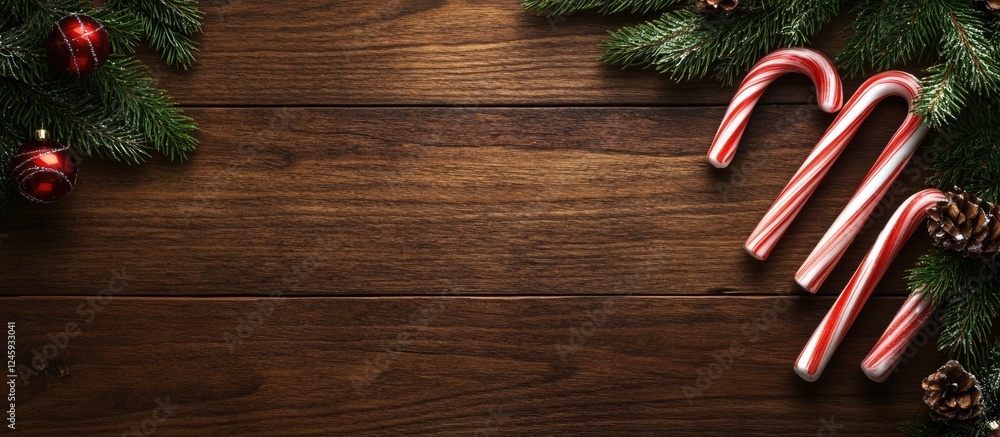 Poster candy canes surrounded by pine branches on a rustic wooden background with space for festive seasona