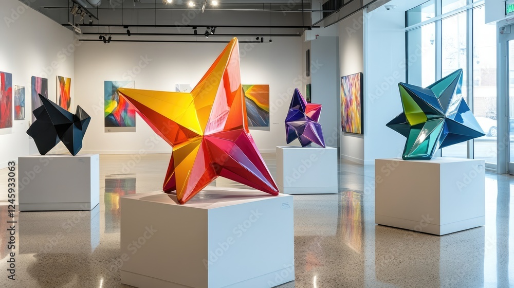 Poster geometric sculptures displayed in a contemporary art gallery, featuring clean lines, sharp angles, a