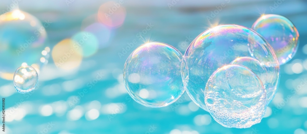 Aufkleber Floating water bubbles with sparkling reflections against a shimmering blue background creating a serene and refreshing atmosphere.