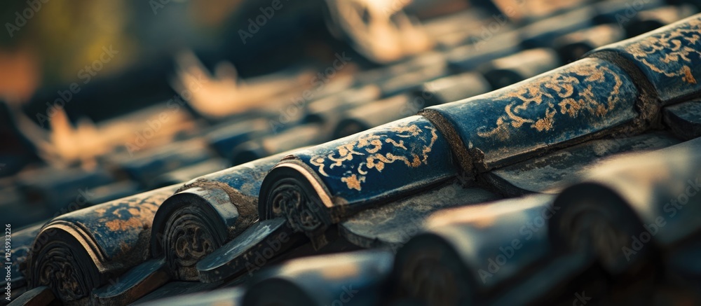 Poster detailed close-up of an ornate tiled roof with selective focus showcasing intricate patterns and tex