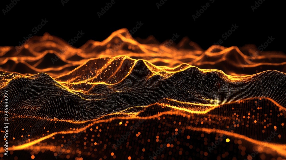 Poster Glowing topographic lines and particles forming a futuristic digital landscape, representing cutting-edge technology and innovation for forward-thinking projects.