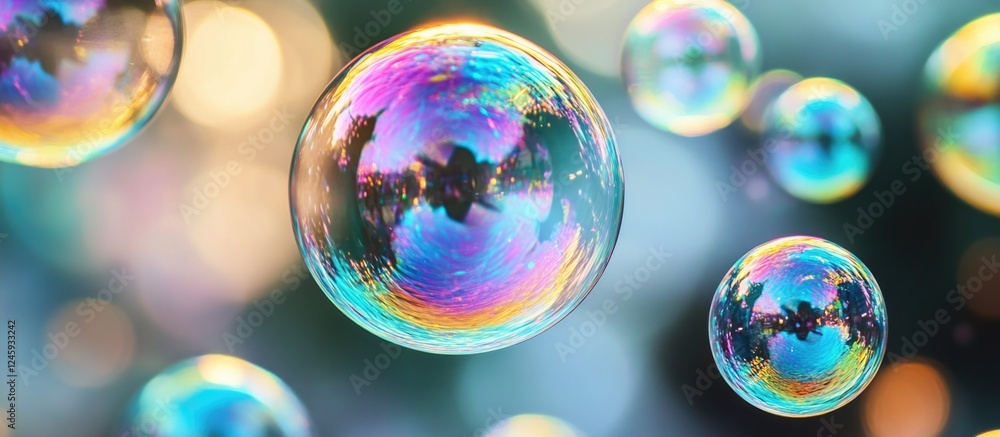 Poster vibrant iridescent soap bubbles reflecting colorful hues against a blurred background creating a dre