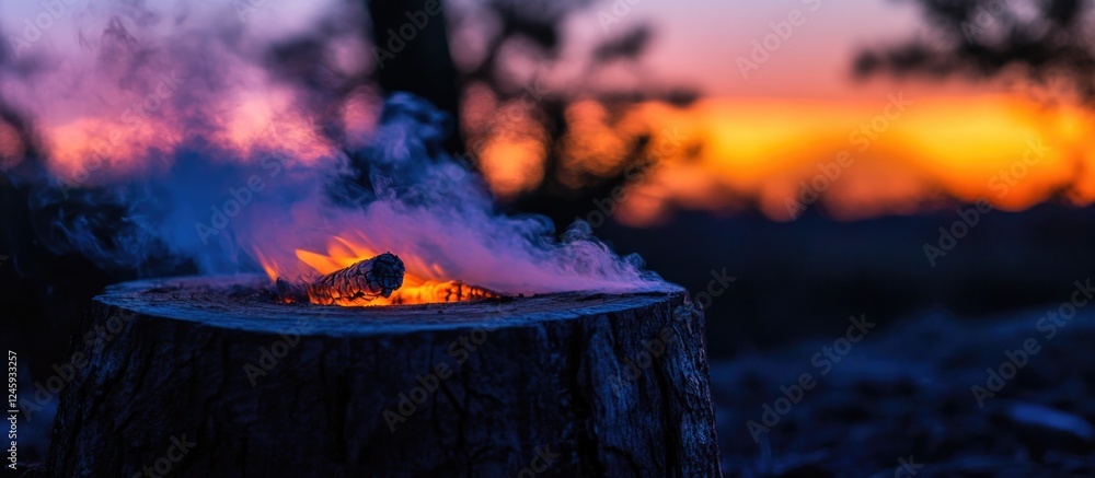 Poster glowing stump with flames and smoke against a vibrant dusk sky creating a serene and atmospheric out