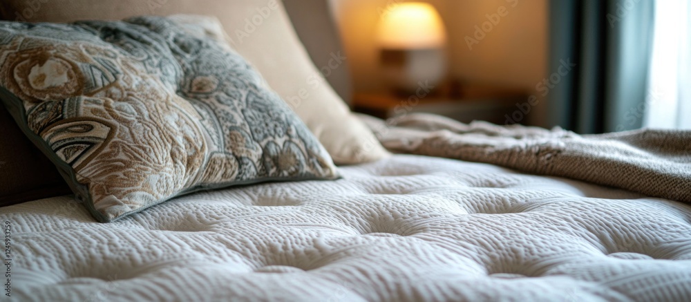 Poster close up of a plush spring mattress showcasing texture and design elements in a cozy bedroom setting