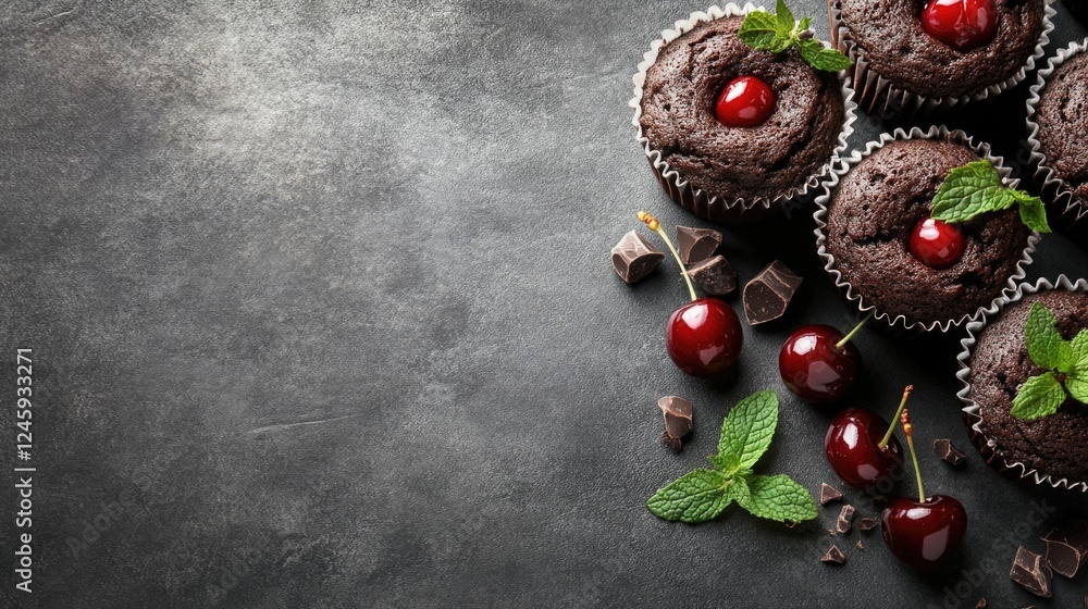 Poster chocolate muffins topped with cherries and mint on a gray background with ample space for text and b