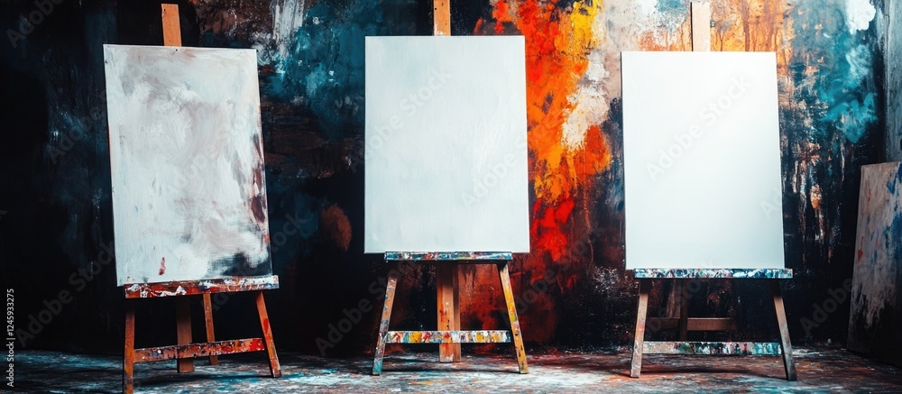Aufkleber Art studio setup featuring empty canvases on easels with vibrant background colors, perfect for creative projects and text placement.