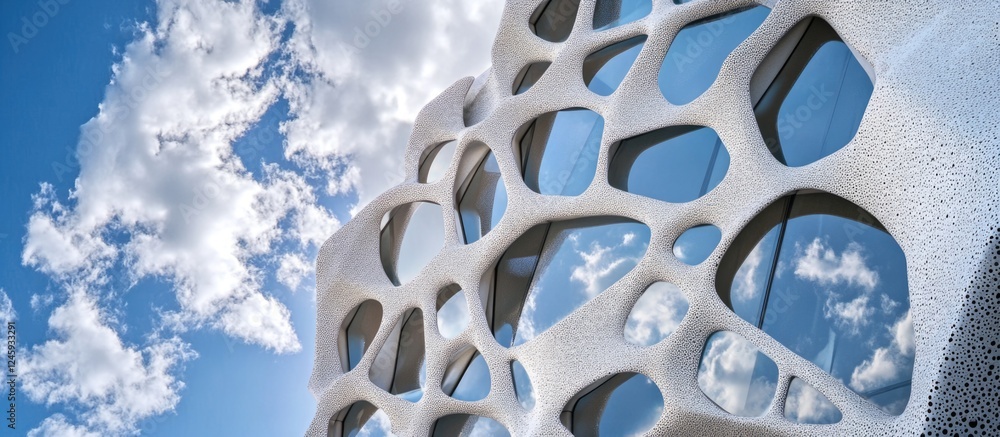 Poster abstract building facade with cloud reflections and organic patterns against a blue sky illustrating