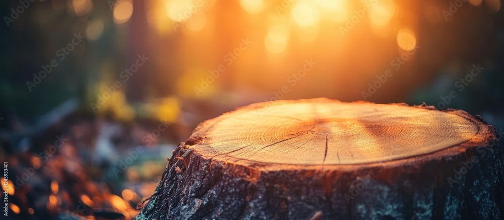 Aufkleber close up of a tree stump with warm sunlight illuminating the forest background creating a serene nat