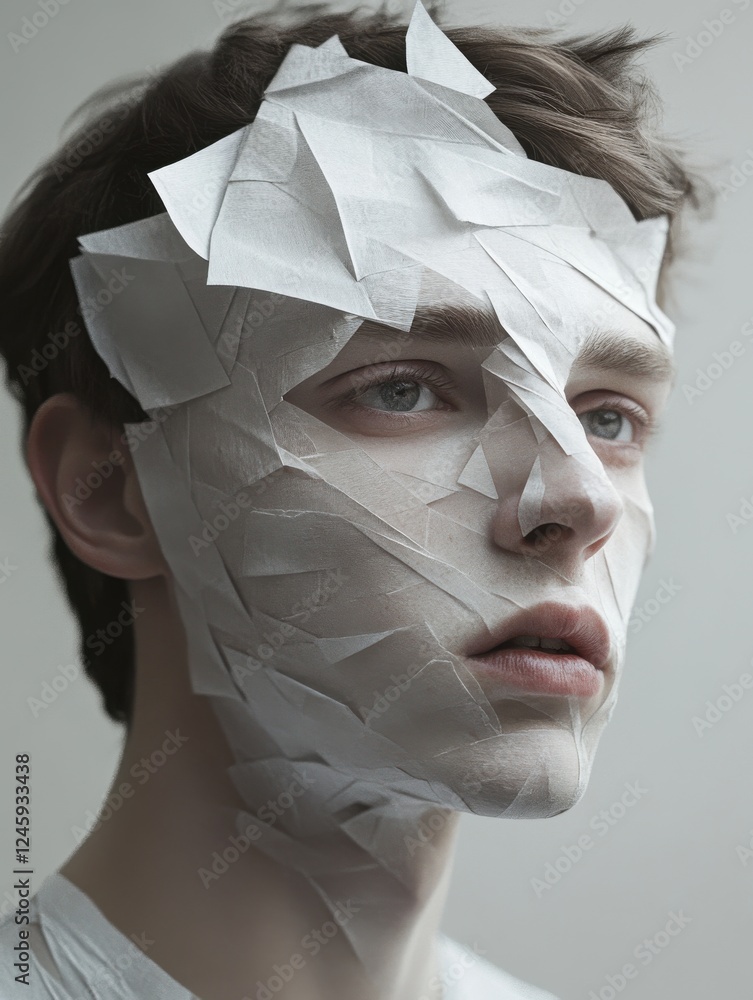 Wall mural man with piece of paper on face surrounded by geometric patterns and zen papaya elements